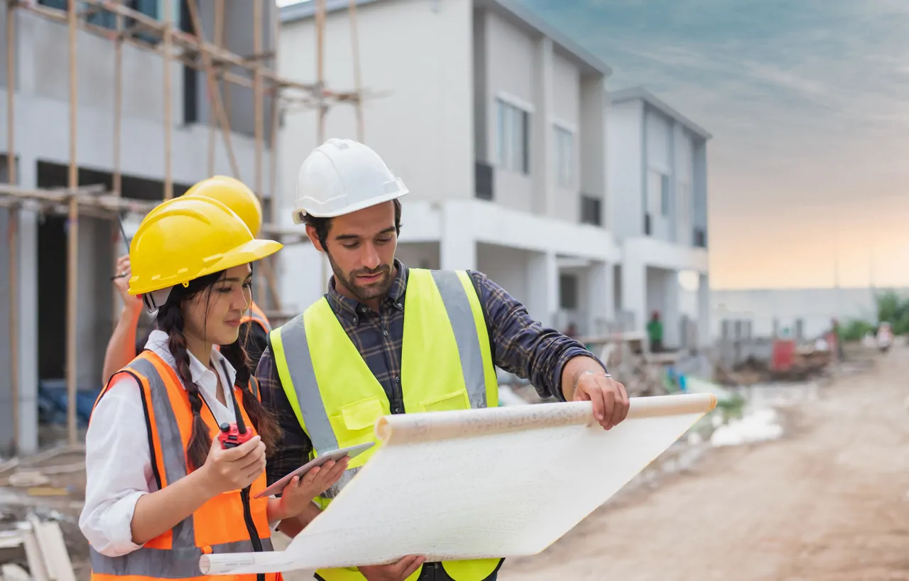 Three construction workers on a building site reviewing construction plans